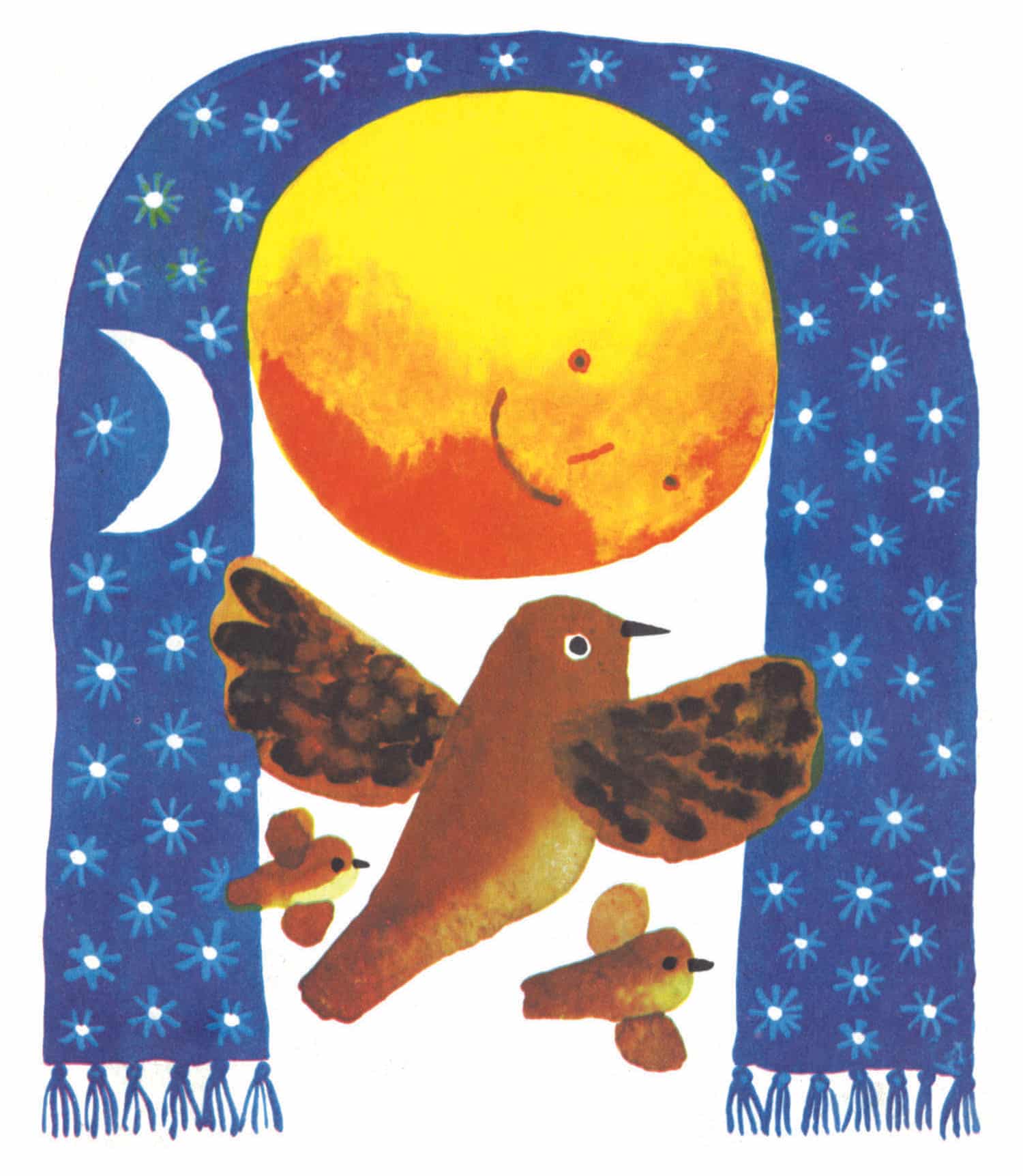 Children's illustration of sun, moon and birds